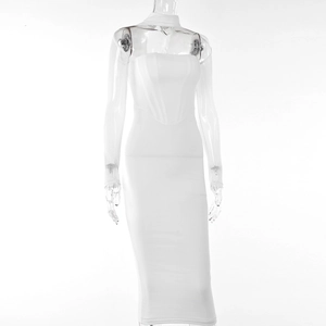 Detail of white strapless bodycon midi dress with corset-style bodice on mannequin
