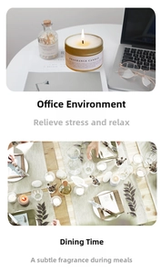 Chic gold tin fragrance candle on a workspace and dining table setup for cozy ambiance