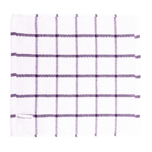 Detail of 100% cotton waffle kitchen towel with white and purple checkered pattern