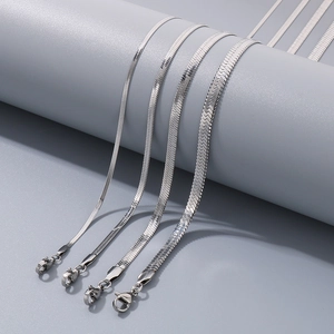 Flat stainless steel snake chain necklaces in four widths with secure lobster clasps