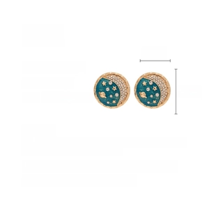 Detail view of retro planet earrings with blue enamel, crystals, and 2.9cm size specs