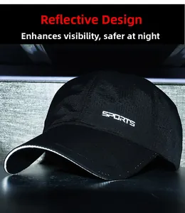 Close-up of black sports cap featuring reflective brim strip and breathable mesh fabric
