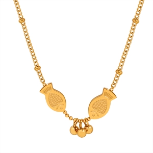 Minimalist golden titanium steel necklace with double fish pendants and center beads