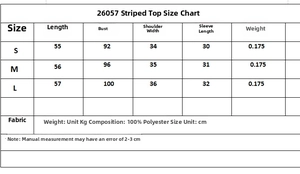 Size guide for women's striped top including length and bust in centimeters
