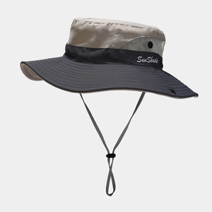 Women's UV protection ponytail sun hat with breathable mesh and chin strap in brown and grey