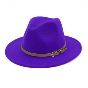 Classic purple wool felt jazz fedora hat with wide brim and brown leather belt buckle strap