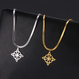 Minimalist stainless steel witch knot necklaces in gold and silver with snake chain