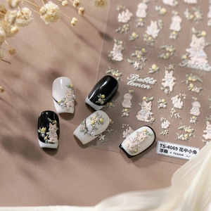 Embossed rabbit and floral nail stickers TS-4069 with relief 3D cartoon patterns