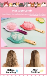 Detail of cute cat-ear massage hairbrush with gradient nylon bristles and round tips