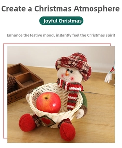 Christmas snowman candy basket with red and green plaid fabric details on a wooden table