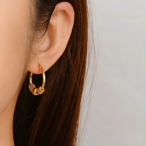 Chic 18K gold stainless steel hoop earrings with woven texture and bead details for women