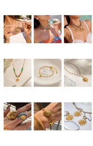 Macro detail of sun pendant necklaces and pearl bracelets in a grid display