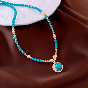 18K gold plated necklace with turquoise beads, pearls and sparkling heart pendant