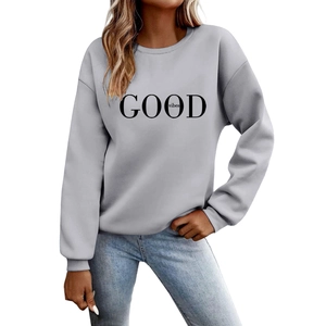 Women's grey round neck sweatshirt with GOOD vibes letter print in a modern street style
