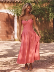 Pink cotton sundress with shirred waist and A-line skirt in French pastoral style