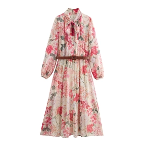 Elegant Floral Chiffon Maxi Dress With Bow Tie Square Neck Long Sleeve High Waist A-Line Belted Long Skirt Pink Women