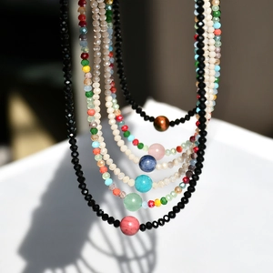 Y2K colorful agate and amazonite beaded necklaces with large polished round crystal pendants