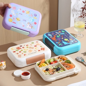 Cartoon Divided Bento Lunch Box For Kids Students PP Plastic Microwave Safe With 304 Stainless Steel Spoon Portable Sealing Container