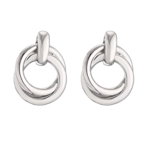 Polished silver interlocking triple hoop stud earrings with a minimalist geometric design