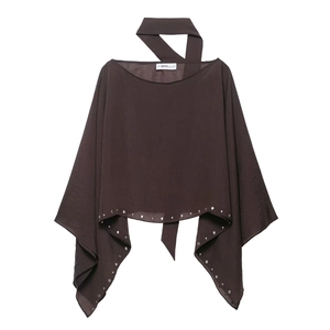 Women Poncho Top Chiffon Sleeveless Round Neck Irregular Hem Silver Rivet Trim Chic Maroon Fashion Cape Blouse