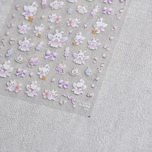 Cute cartoon bunny and cherry blossom nail art stickers with pink bow designs
