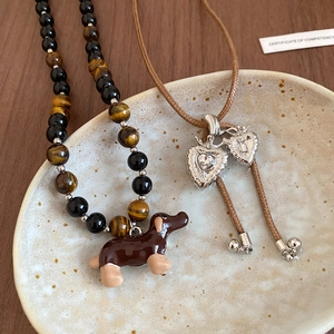 Tiger eye stone necklace with dachshund pendant and silver heart charm jewelry set