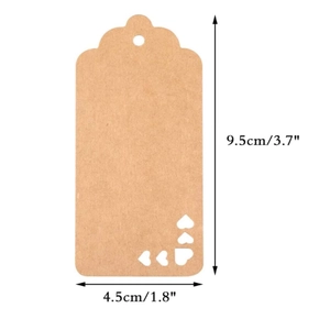 Brown kraft paper gift tag with heart cutout for parties, 9.5cm height and 4.5cm width
