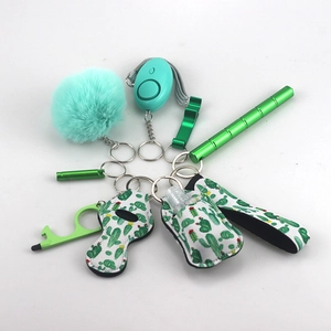 Detail view of teal faux fur pompom and cactus pattern wristlet keychain accessories set