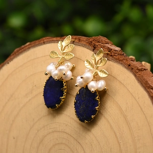 Handmade Natural Artificial Pearl Lapis Lazuli Dangle Earrings With 925 Sterling Silver Earring Post Retro Branch Leaf