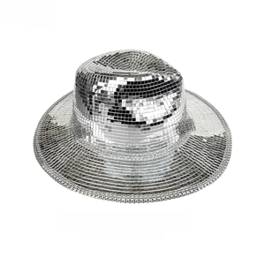 Vista dettagliata del cappello disco a specchio argento con dimensioni e piastrelle