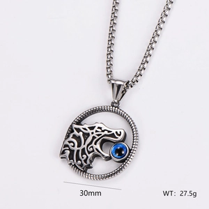 Silver stainless steel hollow wolf head pendant necklace with blue gem, 30mm diameter