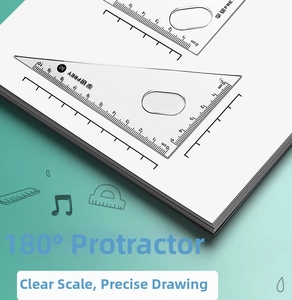 Close-up of clear plastic 180-degree protractor and metric ruler for school students