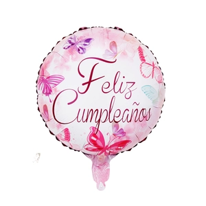 Detail of 18 inch round foil balloon featuring colorful butterflies and Feliz Cumpleaños text