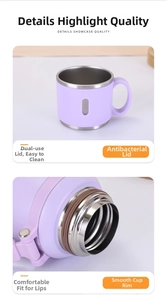 Detail of purple stainless steel vacuum cup featuring dual-use lid and tea filter design