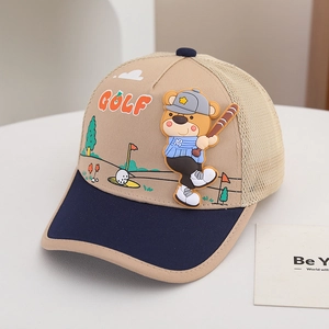 Close-up of golf bear embroidery and breathable mesh texture on kids baseball cap