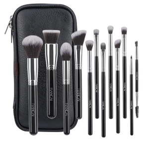 Professional 12pcs black and silver makeup brush set with black leather zipper travel bag