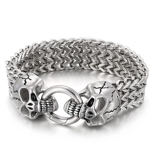 Punk style silver titanium steel bracelet with double skull clasp and woven chain