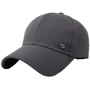 Classic dark grey cotton baseball cap with circular metal logo badge and curved brim