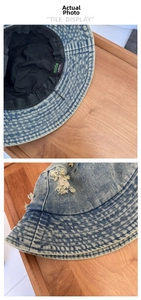 Détails du chapeau bob en denim délavé avec bords effilochés et doublure en coton