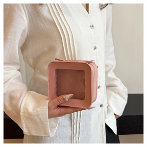 Small pink square clear window makeup pouch, portable zipper cosmetic storage bag for daily use