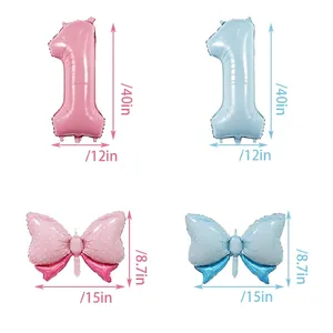 Pink and blue 32-inch number 1 foil balloon set with bow tie for birthday party decoration