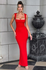 Detail of elegant red sleeveless square neck maxi dress with slim fit fishtail hemline
