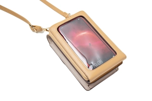 Detail of beige and light brown PU leather phone bag with clear touch screen window