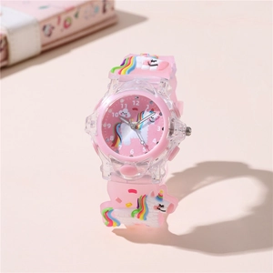Detailed view of pink kids watch with 3D cartoon unicorn and rainbow silicone strap