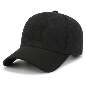 Fashionable wool blend baseball cap in dark grey and black with 3D embroidered H letter