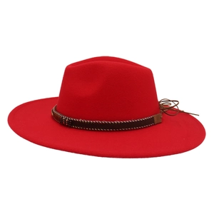 Detailed view of red wool fedora with brown braided leather band and bead embellishments