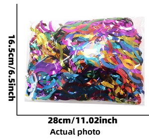 Detail of colorful metallic wavy fringe table skirt decoration in clear packaging