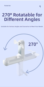 Detail of white mini pocket fan with 270-degree rotation showing foldable compact design