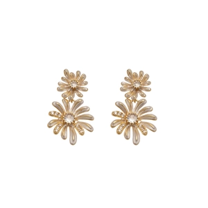 Elegant gold daisy stud earrings with white enamel petals and sparkling zircon stones