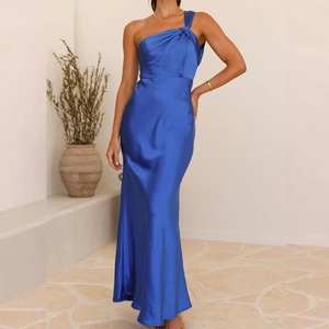 Elegant One Shoulder Satin Maxi Dress For Women Twist Knot Open Back Sexy Slim Fit Royal Blue Polyester Evening Party
